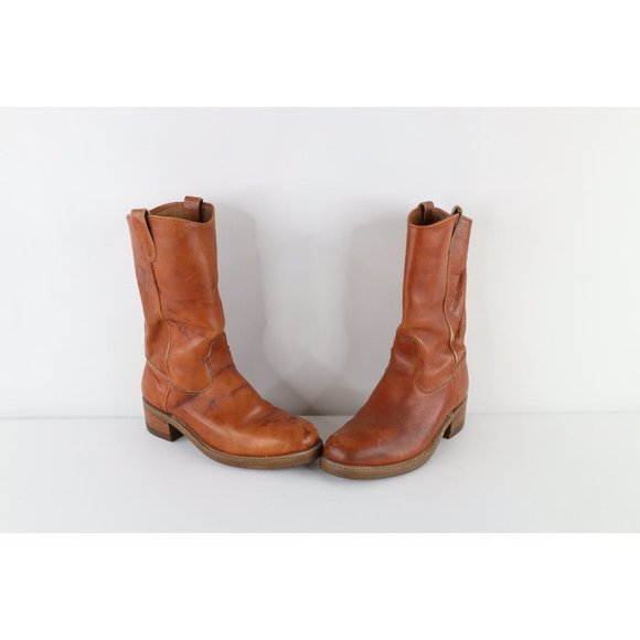 Vtg 70s Mens 8.5 E Distressed Steel Toe Leather Western Cowboy Boots Brown USA main image 9